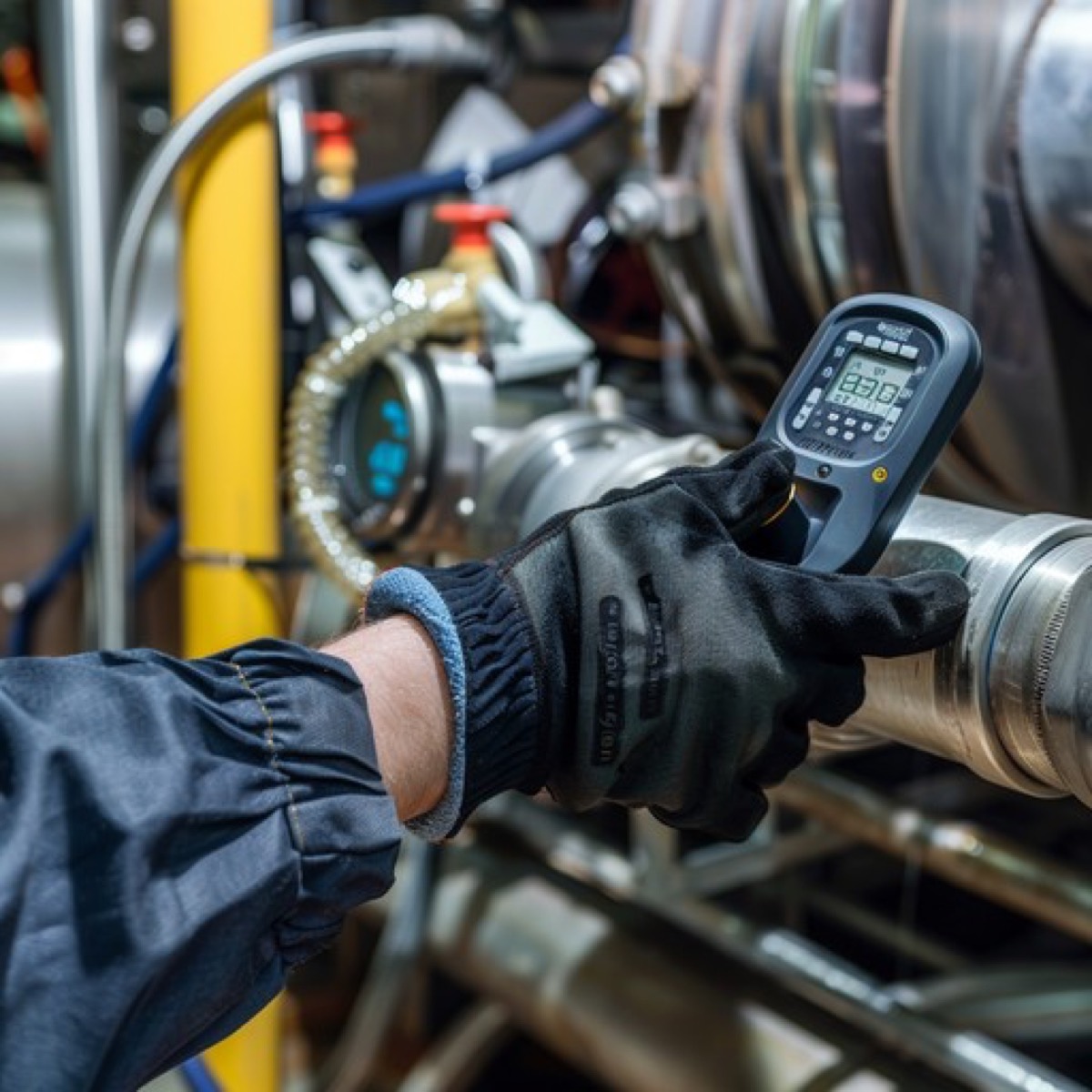 Technician using a handheld calibrator on process instrumentation
