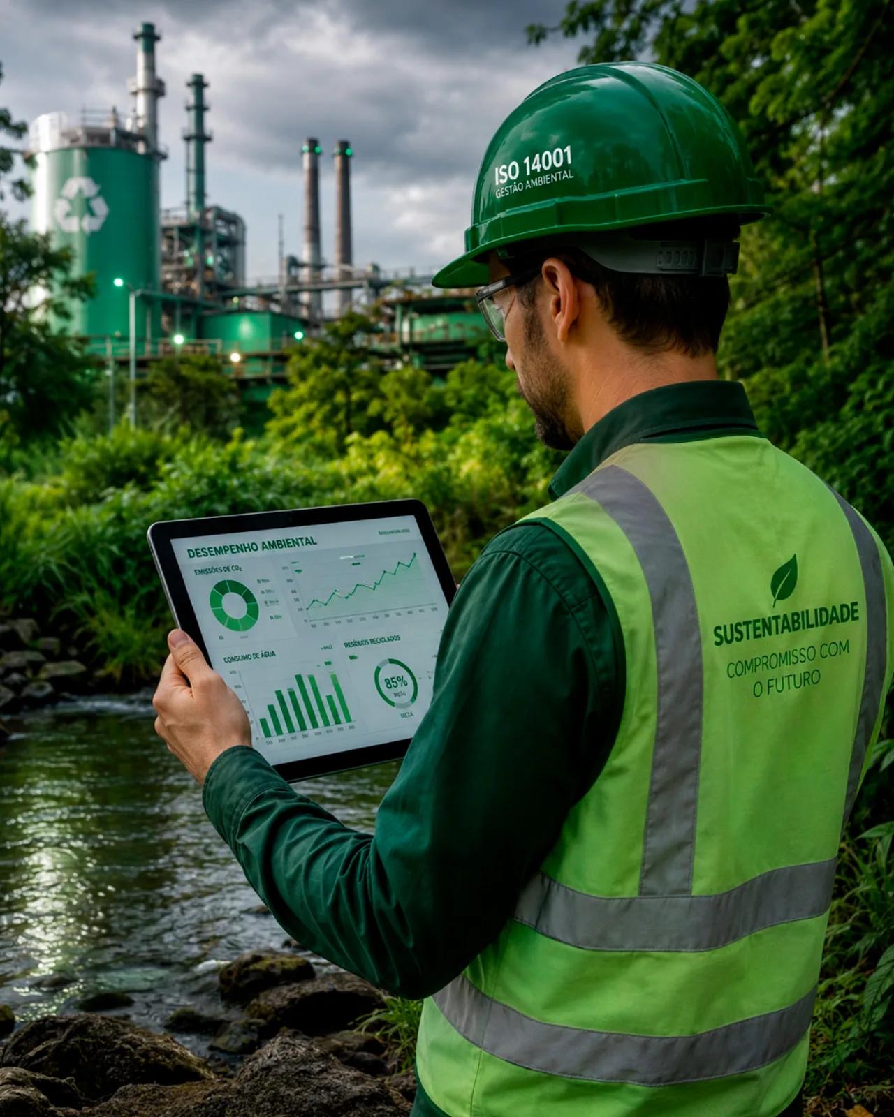 Engineer reviewing environmental performance data beside an industrial site