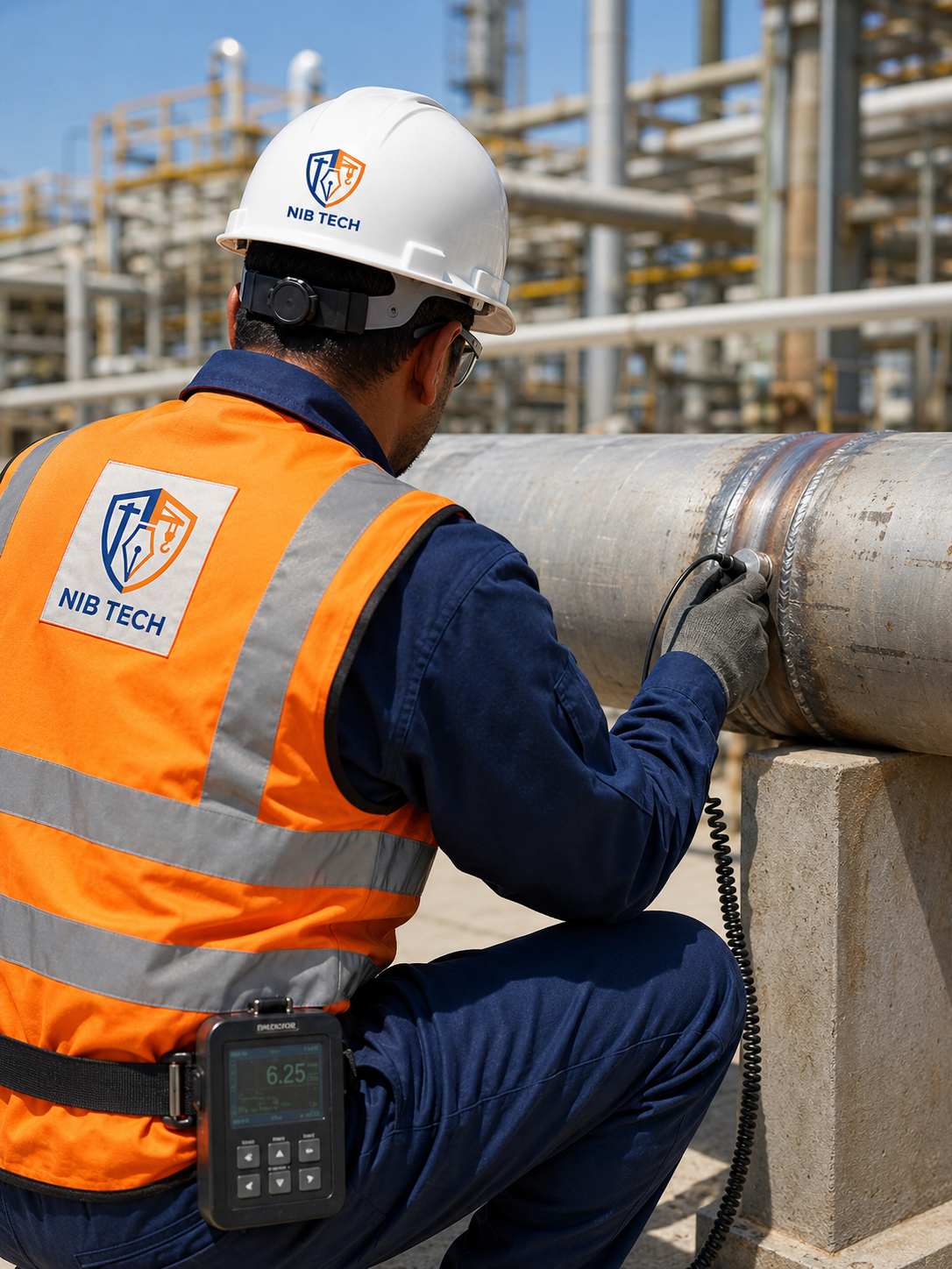 NIBTECH technician performing ultrasonic non-destructive testing on a pipe weld