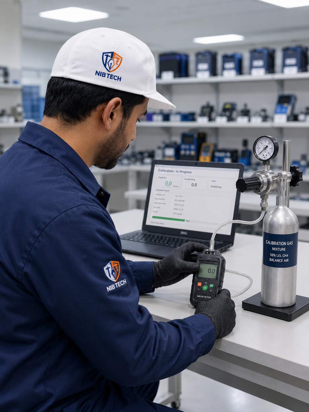 NIBTECH technician calibrating a gas detector in the calibration laboratory