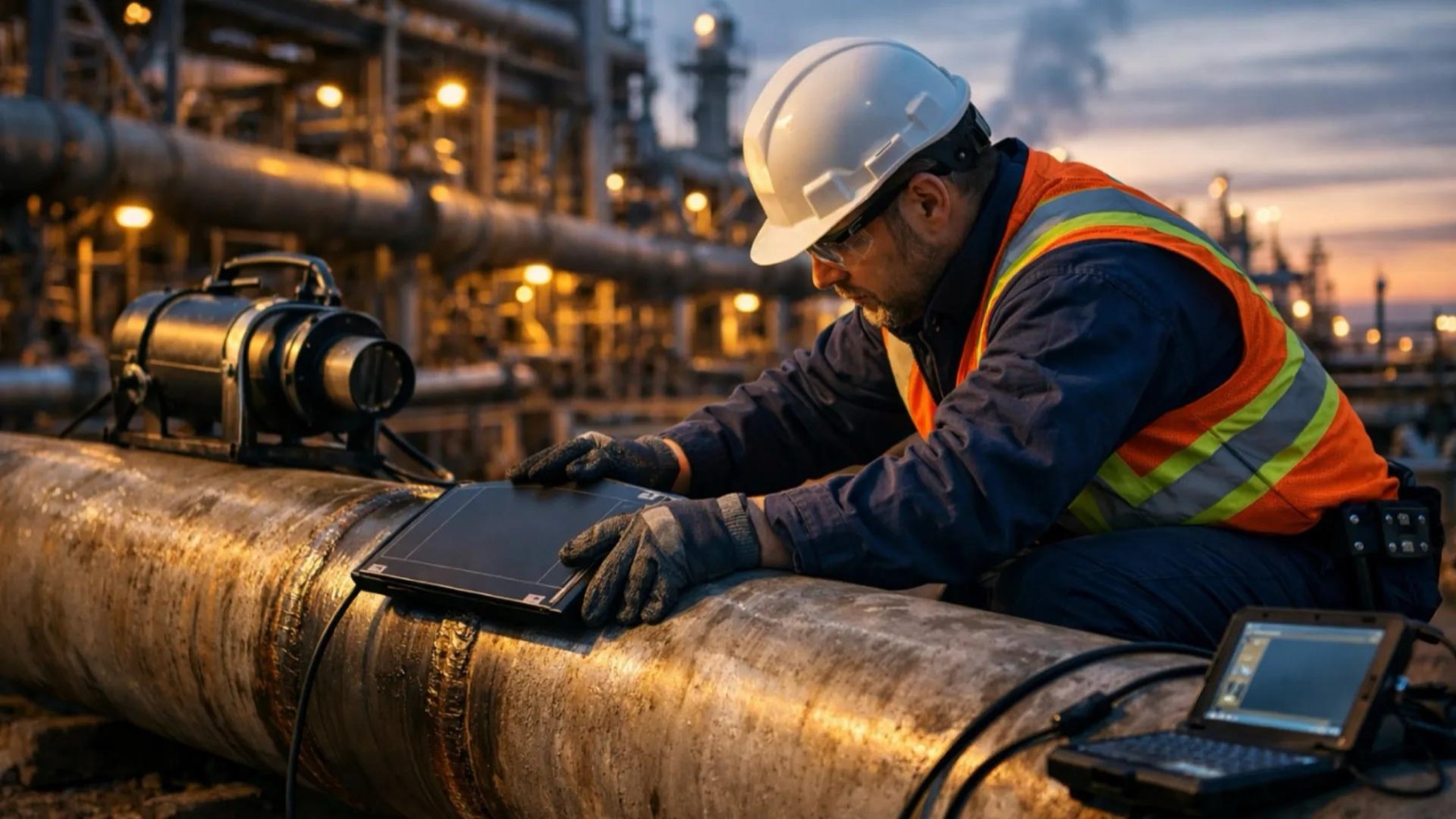 NIBTECH NDT technician performing ultrasonic testing on a pipeline at a refinery