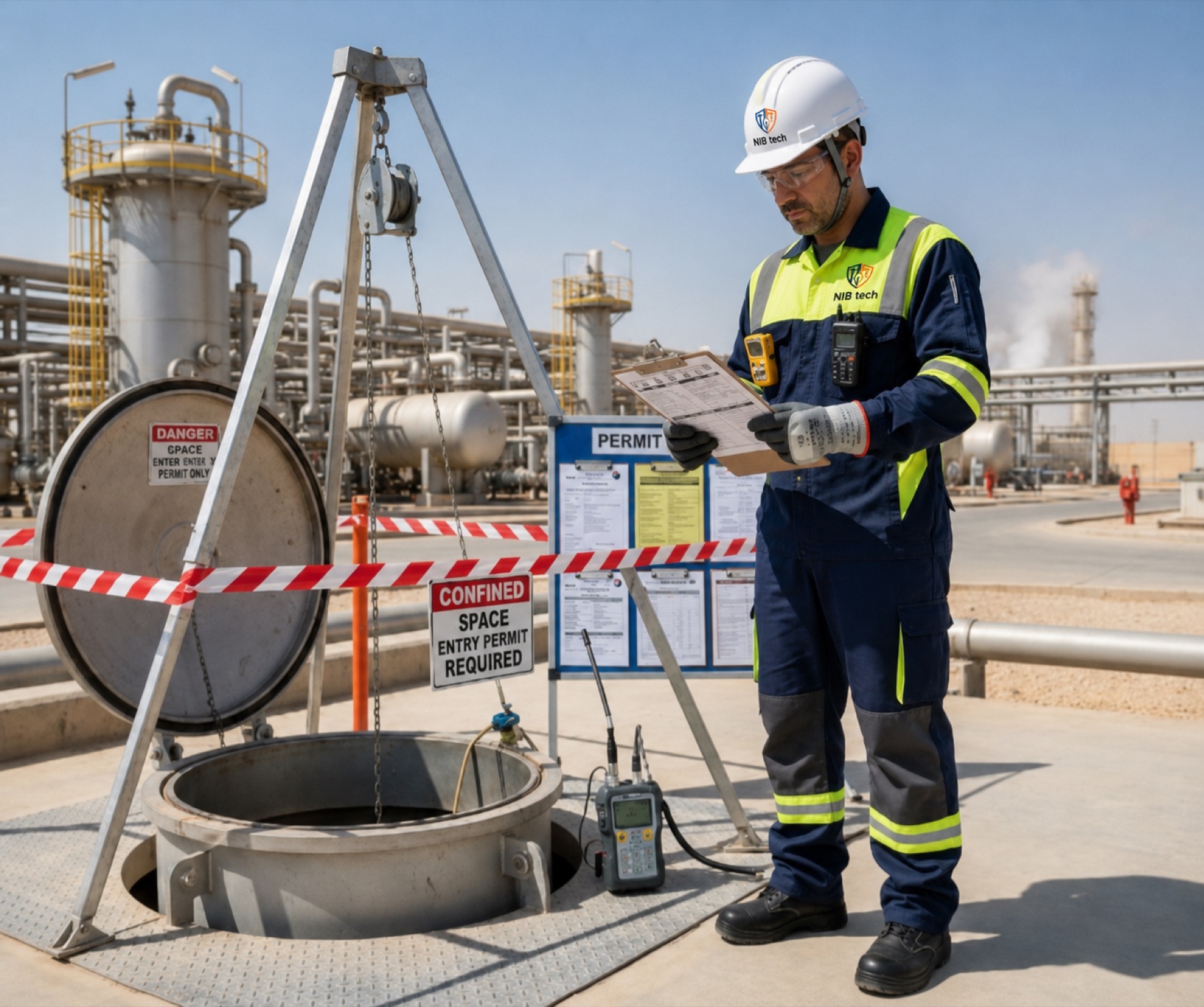 NIBTECH trainer reviewing a confined space entry permit beside a manhole training rig